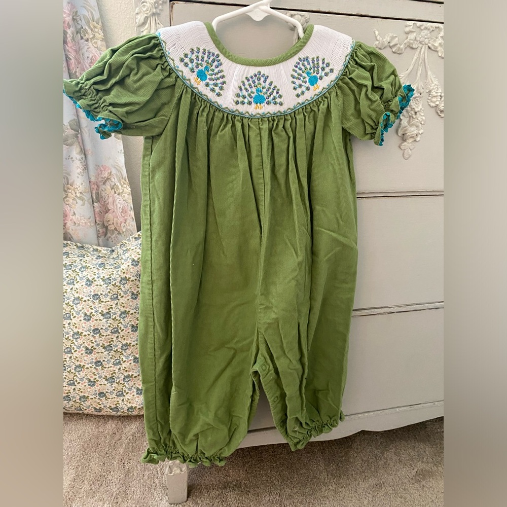 Castles and Crowns Smocked Corduroy Peacock One Piece Bubble Green Size 2t